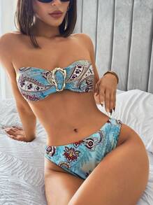 SHEIN ICON Women's 2 Pieces Swimwear Set, Summer Two Pieces Outfits Beach Bandeau Strapless Top And Triangle Bottom, Minimalist And Fashionable, Suitable For Summer