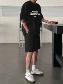 DAZY 2 pièces/set Ensemble t-shirt et short pour hommes avec imprimé lettre, noir