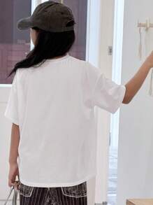 DAZY Tween Girl Round Neck Knit Printed Short Sleeve T-Shirt, Summer, Back To School Clothes - White - View 3