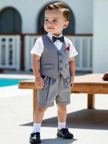SHEIN 2pcs Baby Boy Vest Waistcoat & Loose Shorts Gentleman Outfit Set, Suitable For Special Occasions Like Weddings, Birthdays, And Daily Wear, Adorable And Stylish