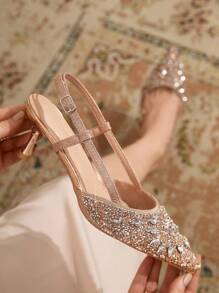 CUCCOO TILAWA Women's Pointed Toe Rhinestone Slingback High Heels, Champagne Color Closed Toe Party Wedding Shoes - Champagne - View 2