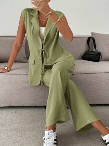 Siren Gaze 2pcs Women Suit Set: Textured Tie-Front Jacket And Pants, Casual In Fall/Winter Green - Green - View 1