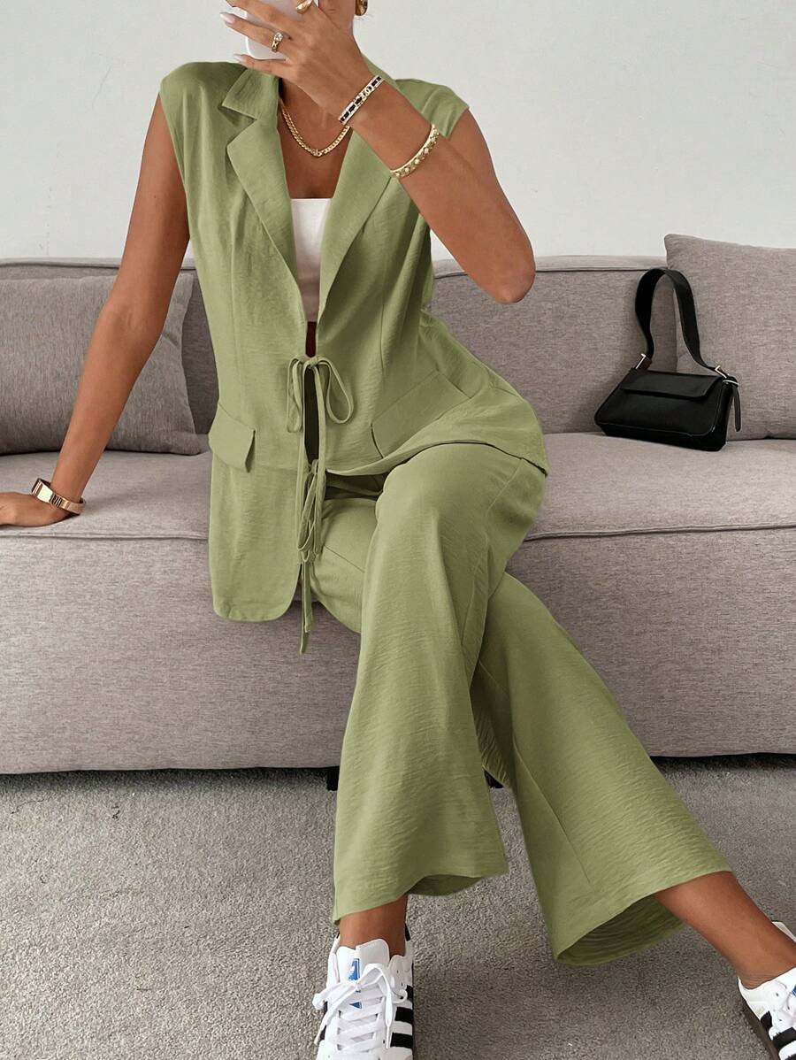 Siren Gaze 2pcs Women Suit Set: Textured Tie-Front Jacket And Pants, Casual In Fall/Winter Green - Green - View 1