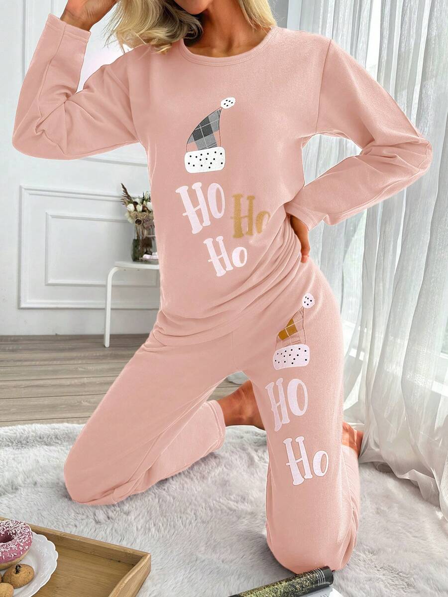 SHEIN Cottnline 女士睡衣套装，长袖圆领上衣和裤子 - 粉色 - 查看 1