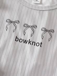 6pcs/Set Young Girl Elegant Simple Ribbed Bow Ribbon Print Pattern Cap Sleeve Top And Long Pants Casual Homewear Outfit - Multicolor - View 8