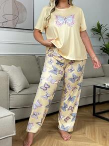 SHEIN Butterfly Print Plus Size Women Short Sleeve Pajama Set With Pants - Yellow - View 3