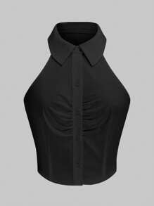 Flirla 无袖前褶收腰短款女式衬衫，时尚百搭简约衬衫 - 黑色 - 查看 1