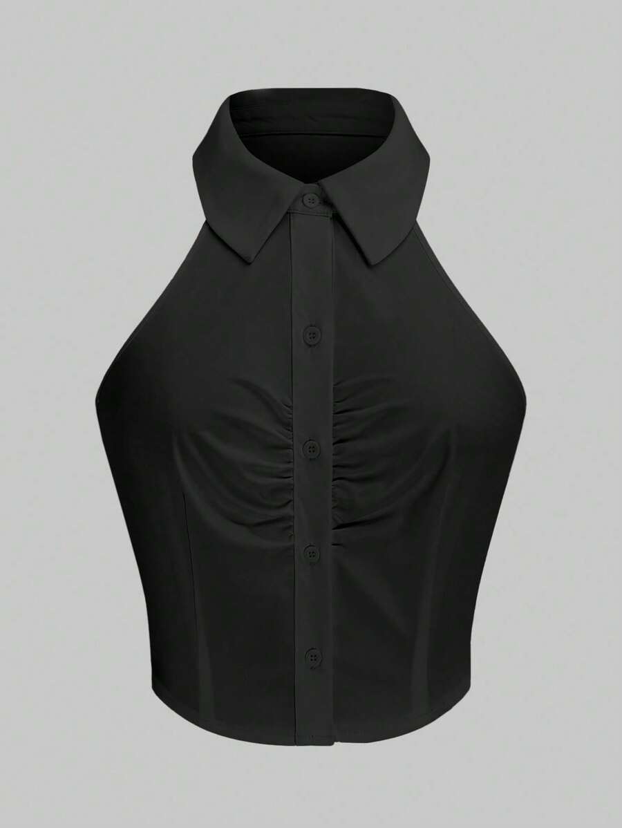 Flirla 无袖前褶收腰短款女式衬衫，时尚百搭简约衬衫 - 黑色 - 查看 1