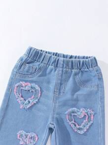 Pantalones anchos de niña con lavado claro, cintura elástica, parche bordado con corazón, el mejor estilo diario casual urbano - Lavado ligero - Ver 6