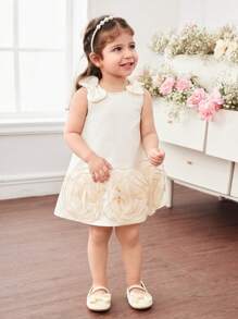 可爱优雅的杏色花朵蝴蝶结无袖女婴连衣裙 - 杏色 - 查看 6