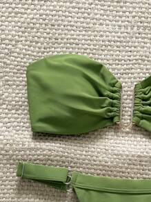 Swim Chiccia Springbreak 女士加大码纯色抹胸金属装饰露肩上衣和丁字裤 2 件套比基尼套装