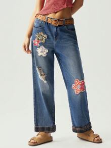Bohemela BOHO Denim  Casual Solid Color Denim Flower Embroidery Women's Ankle Length Pants Jeans For Women Women Jeans Women Plus Clothing Pants Baggy Jeans Women Women Baggy Jeans