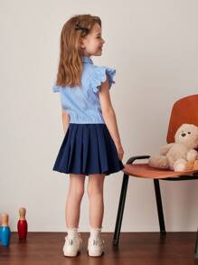 PrepCrw Young Girls Spring/Summer Gingham Sleeveless Shirt With Ruffle Detail And Pleated Skirt Coordinated Set - Multicolor - View 5