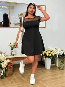 SHEIN EZwear Plus Size Black Casual Dress With Semi-Sheer Bow-Dot Mesh Short Sleeves And Round Neckline - Black - View 4