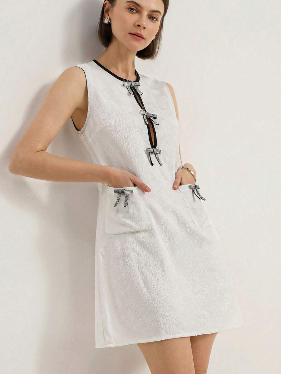 Aveloria Rosie Elegant Doll Dress A-Line Contrast Color Tied Straps, Exquisite Craftsmanship Beaded, Diamond-Studded, Bow Detail, Textured Jacquard Fabric Women Short Dress   Old Money Style For Summer