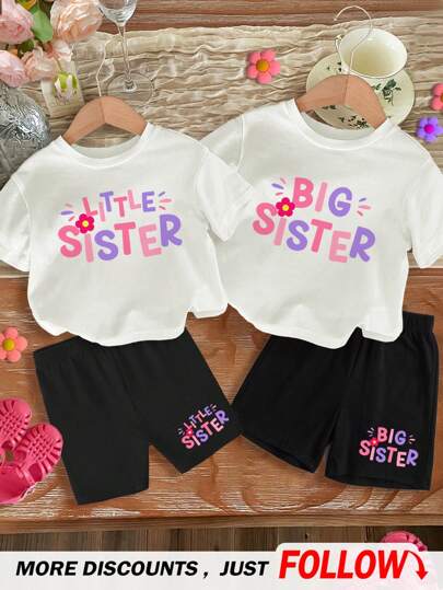 SHEIN Sister Outfit, Young Girl Casual Minimalist Short Sleeve Shorts 2-Piece Set, Suitable For Summer, Single Set Sold (Elder Sister Version)