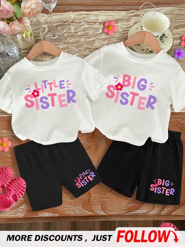 SHEIN Sister Outfit, Young Girl Casual Minimalist Short Sleeve Shorts 2-Piece Set, Suitable For Summer, Single Set Sold (Elder Sister Version)