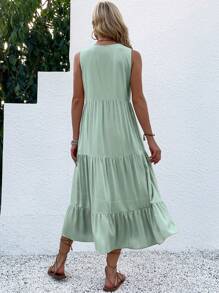 EMERY ROSE Button Detail Layered Hem Smock Dress Maxi Women Outfit - Mint Green - View 2