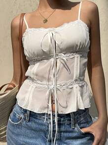 SHEIN EZwear Apricot Lace Bandeau Top For Women, Minimalist & Fashionable, Suitable For Summer - Apricot - View 1