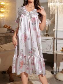 仿丝花卉印花蝴蝶结装饰 V 领荷叶边下摆睡裙娃娃装女士奢华家居服 - 粉色 - 查看 3