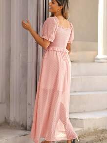 KURAYIA Plus Size Women's Elegant Square Neck Short Sleeve Slit Hem Dress - Coral Pink - View 2