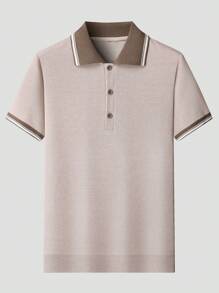 Manfinity Mode Men's Casual Colorblock Patchwork Short Sleeve Knit Sweater Men Summer Polo Shirts - Beige - View 3