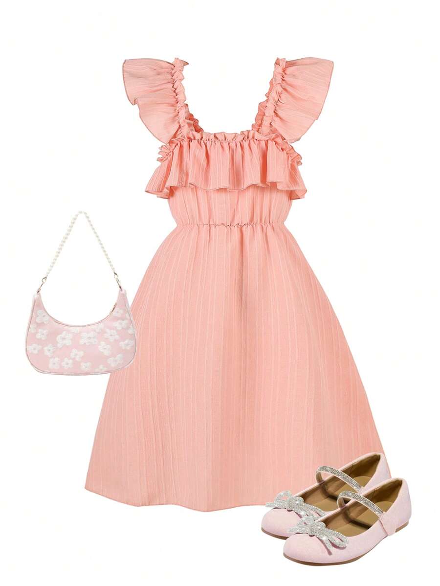 Tween Girls Textured Fabric Ruffle Trim & Cap Sleeve Dress - Pink - View 1