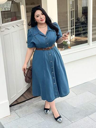 SHEIN ICON 大码纯色前扣夏季休闲短袖牛仔连衣裙