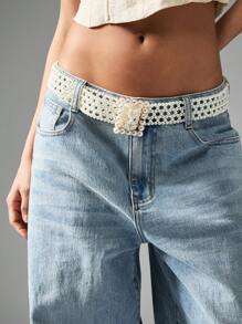 MISSGUIDED Pearl Crochet Wide Belt Bohemian Handwoven Summer Festival Elastic Adjustable Fashion Statement Accessory Decorative Rhinestone Crystal Beaded Design - White - View 3