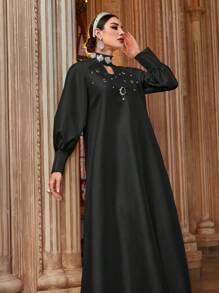 Al Najma 女士优雅长袖土耳其和阿拉伯传统长裙，带水钻锁孔领口细节 - 黑色 - 查看 3