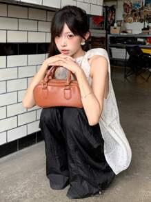 DAZY Bowknot Neck Loose Polka Dot Sleeveless Blouse Going Out Tops Fall - Beige - View 7