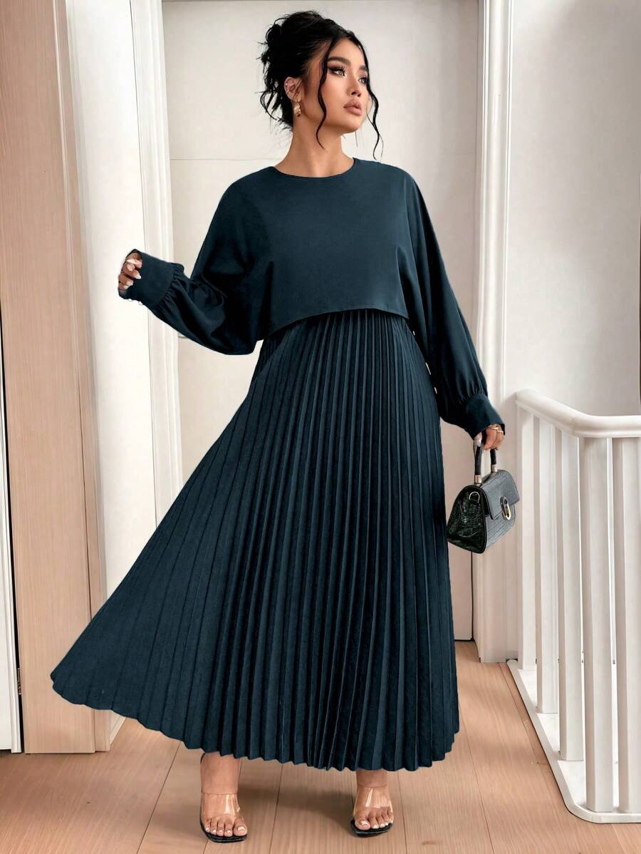 SHEIN Unity 大码女式优雅二合一褶饰腰部下摆连衣裙