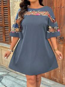 EMERY ROSE Plus Size Asymmetrical Mesh Patchwork Soft Knitted Round Neck Casual Straight A-Line Dress For Vacation, Commute - Multicolor - View 3