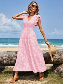 SHEIN Cottnline Women's Shirred Ruffle Sleeve Drawstring Waist Ditsy Floral Vacation Dress - Baby Pink - View 5