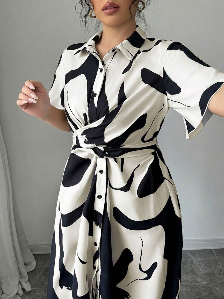 Elenzga Vestido de manga curta, gola casual, plus size, com estampa - Preto - Visão 4