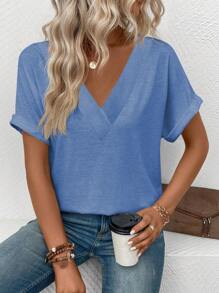 EMERY ROSE Summer Casual Solid Color Batwing Sleeve T-Shirt - Blue - View 6