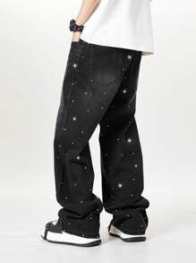 ROMWE MEN Street Life Men's Fashion Rhinestone Embellished Relaxed Fit Straight Leg Jeans - Black - View 5