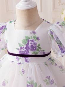 SHEIN Glamorique Kids Baby Girls' Organza Print Dress Purple Short Sleeve Puff Skirt, Children Easter Party Dress Chiffon Satin Flower Infant Princess Gown, Elegant Occasion Baby Girl Dresses Princess Baby Dress Baby Elegant Dress Party Dress For Baby