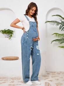 SHEIN Maternity Casual Vintage Washed Ripped Bib Overall Dungaree Pants - Medium Wash - View 6
