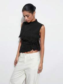 Maija Women Fashionable Solid Color Sleeveless Knit Top With Tassel Decor,Fall Women Clothes,European Summer - Black - View 6