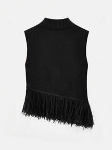 Maija Women Fashionable Solid Color Sleeveless Knit Top With Tassel Decor,Fall Women Clothes,European Summer - Black - View 8