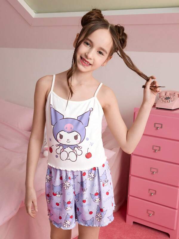 HELLO KITTY AND FRIENDS | SHEIN 少女卡通印花白色吊带背心和紫色短裤可爱休闲舒适睡衣套装