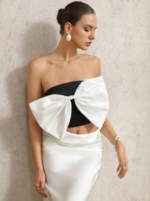 GENKIRA High Quality Satin Contrast Color Oversized 3D Bow Design Elegant Romantic Formal Vibe Bandeau Top For Women - Black - View 6