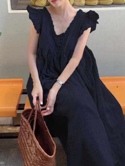 FRIFUL فستان كاجوال مصمت بذر أمامي بدون أكمام مطوي...