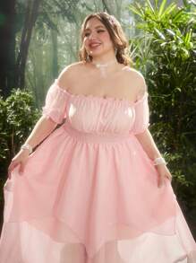 Flirla 女装新款夏季露肩短款泡泡袖修身腰不对称下摆连衣裙，简约休闲优雅高端杏色度假连衣裙 - 粉色 - 查看 5