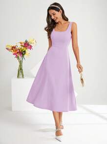 SHEIN Clasi 女士方领无袖优雅纯色连衣裙 - 淡紫色 - 查看 1