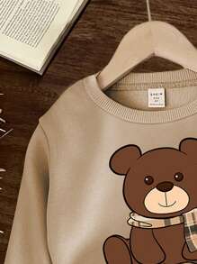 SHEIN Baby Boys Casual Minimalist Cartoon Bear Pattern Knit Soft Crew Neck Sweatshirt And Pants Set, Thicken For Autumn Winter - Khaki - View 4