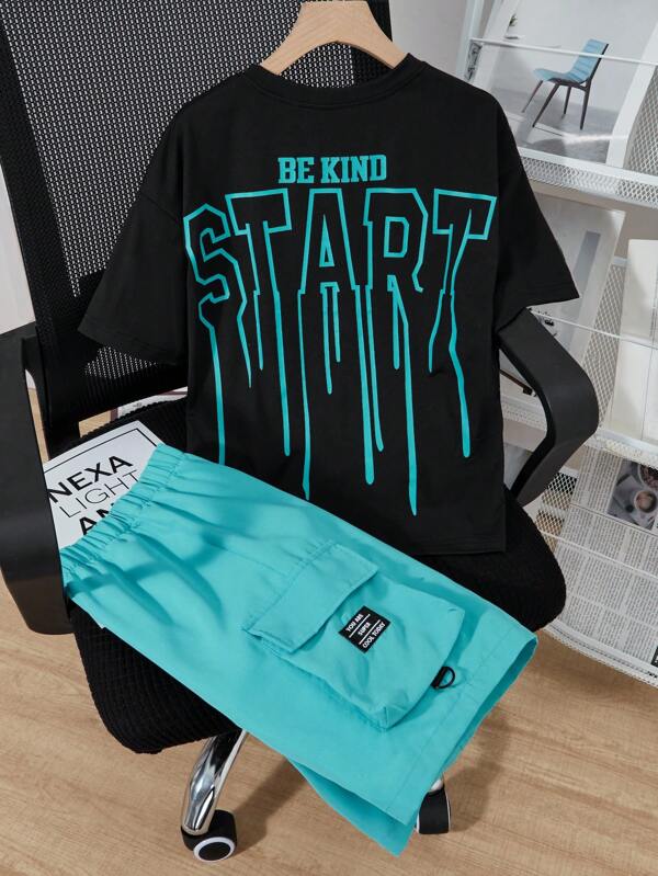 SHEIN Explorewe 2pcs Tween Boys Letter Print Short Sleeve T-Shirt And Casual Athletic Shorts Set