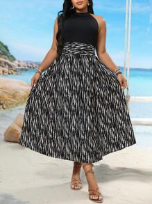 SHEIN Clasi Plus Size Summer Vacation Patchwork Print Halter Neck Dress - Black - View 7
