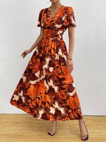 Chiquease Holiday Women's Boho Romantic Beach Women Outfits Concert Outfit Women Holiday Casual V-Neck Short Sleeves Retro Large Flower Orange Brown Retro Print Retro Print Waist Slim Back Flared Side Slit A-Line Long 2025 New Dress - Orange - View 8